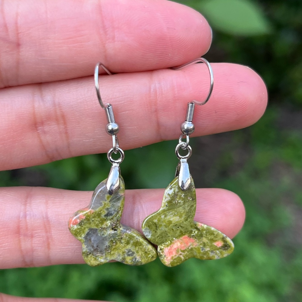 Stainless steel Unakite butterfly drop earrings